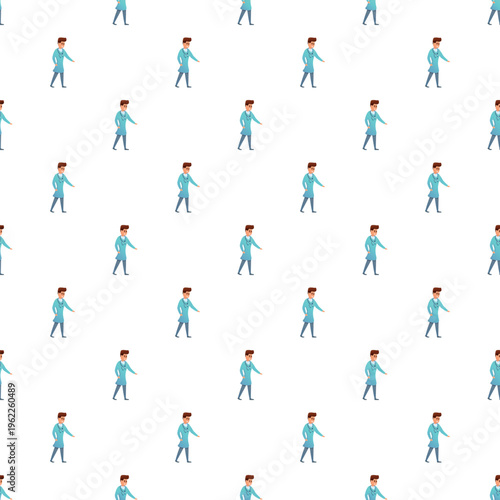 Doctors wearing medical uniforms standing in a colorful cartoon seamless pattern
