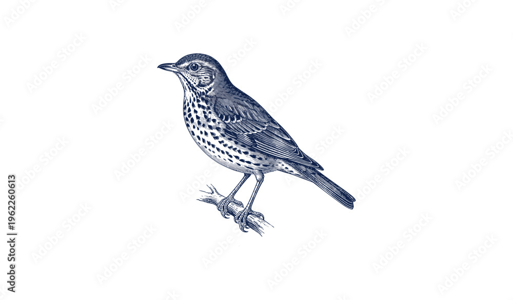 Obraz premium Detailed vintage illustration of a songbird perched on a branch
