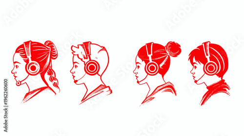 Red line art portraits of four people in profile wearing headphones, microphones