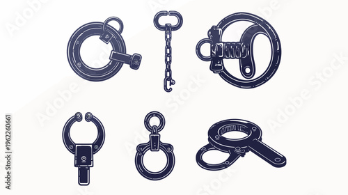 Several dark blue, industrial-style illustration images depicting various metallic locking devices