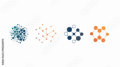 Four graphic illustrations depicting abstract nodes, connections, and networks in shades of blue and orange