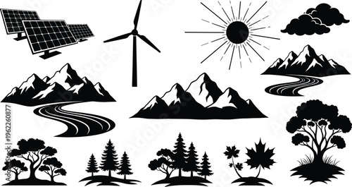 Silhouette of natural and renewable energy icons isolated on transparent background