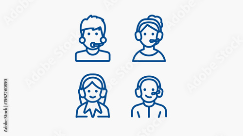 Four stylized customer service representatives with headsets depicted as line art