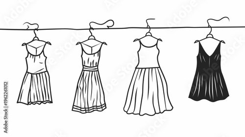 Linear illustration of four dresses on hangers, hanging from a single line, minimalist fashion