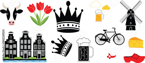 Netherlands cultural icons, Dutch tulips vector, windmill illustration, cheese clog design, beer mug art, bicycle symbol flat vector