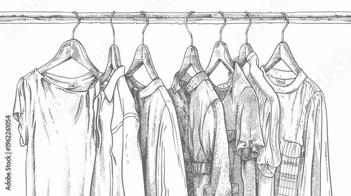 Monochrome line art of assorted shirts hanging on a clothes rack