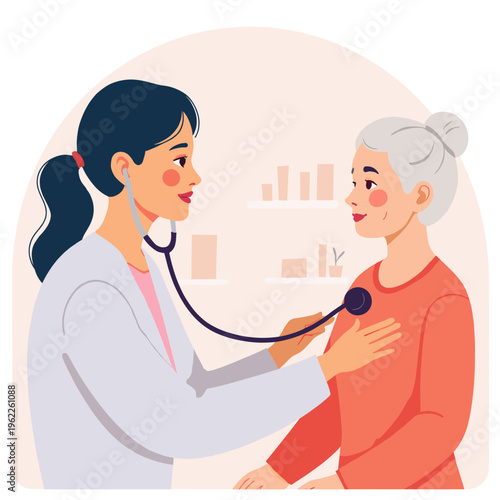 Female doctor examining elderly woman with stethoscope in clinic. Elderly set