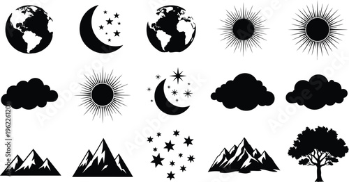Collection of celestial and landscape silhouettes isolated on transparent background