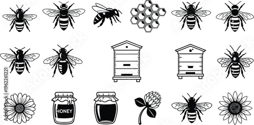 Bee silhouettes and hives isolated on transparent background