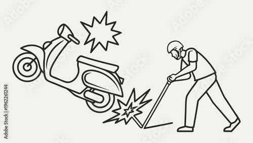 A professional, high-resolution minimalist vector icon depicting a collision between a scooter and a person, isolated on a light grey background. The design features a black line-art illustration of a