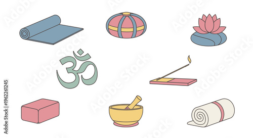 Illustration of yoga and meditation elements, ideal for wellness and mindfulness themes