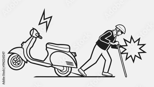 A professional, high-resolution minimalist vector icon depicting a collision between a scooter and a person, isolated on a light grey background. The design features a black line-art illustration of a