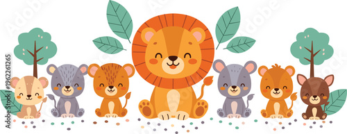 Cute lion and cubs cartoon animal group with forest elements playful safari wildlife characters vector illustration for kids nursery design