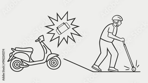 A professional, high-resolution minimalist vector icon depicting a collision between a scooter and a person, isolated on a light grey background. The design features a black line-art illustration of a