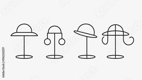 Four stylized hat stands in a minimalist black-and-white linear design against a white background