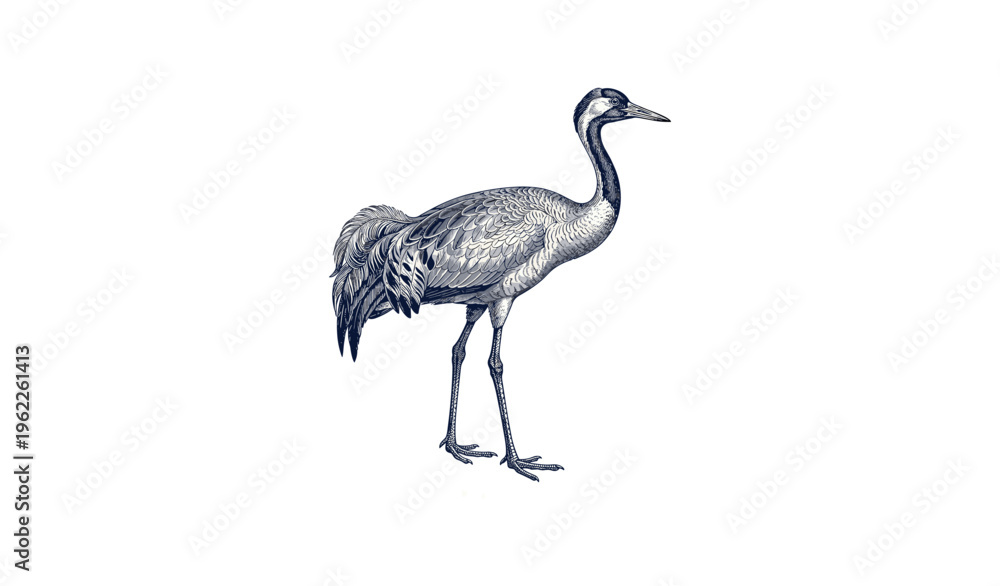 Naklejka premium Detailed illustration of a crane bird in side profile with intricate feather patterns