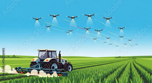 Tractor spraying pesticides in a green field with drones flying overhead for precision agriculture and crop management