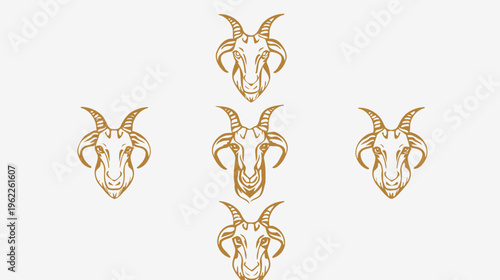 A symmetrical composition of stylized goat heads in a golden hue against a plain white backdrop