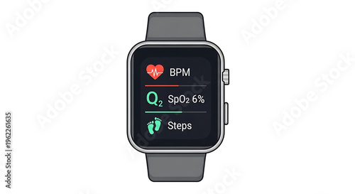 A modern smartwatch displaying vital signs and fitness metrics on its sleek screen