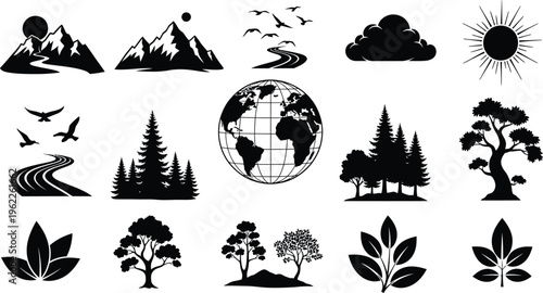 Collection of nature silhouettes isolated on transparent background