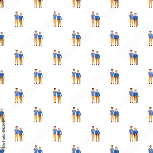 Senior man supported by caregiver with a walking stick seamless pattern
