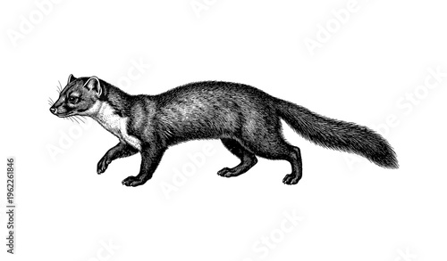 Detailed illustration of a european pine marten in black and white