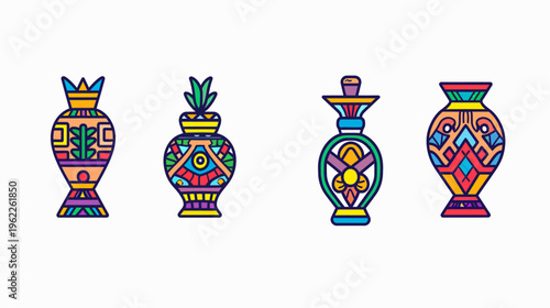 Four stylized, colorful vases with intricate patterns and shapes, on a white background