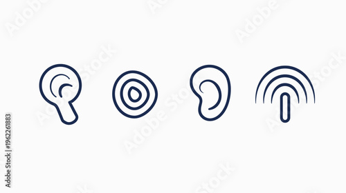 Four minimalist illustrations of ears in navy blue, evoking auditory concepts on white backdrop