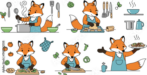 Cute fox cooking set cartoon chef animal preparing food baking chopping serving kitchen activities vector illustration collection isolated on white background