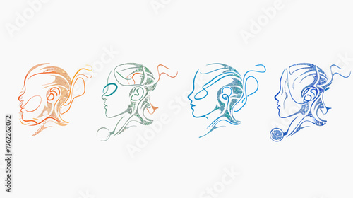 Four stylized profile portraits in a row, each in a unique color and textured style