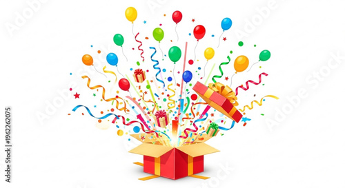 Vibrant gift box explodes with colorful balloons confetti and ribbons in joyful celebration