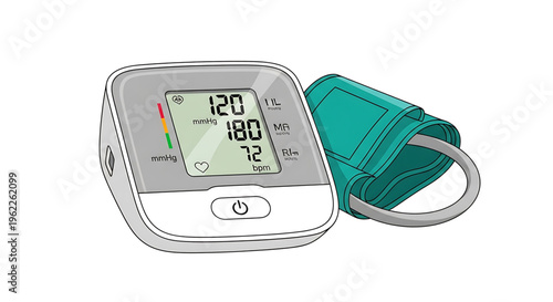 A digital blood pressure monitor with a green cuff on a white background