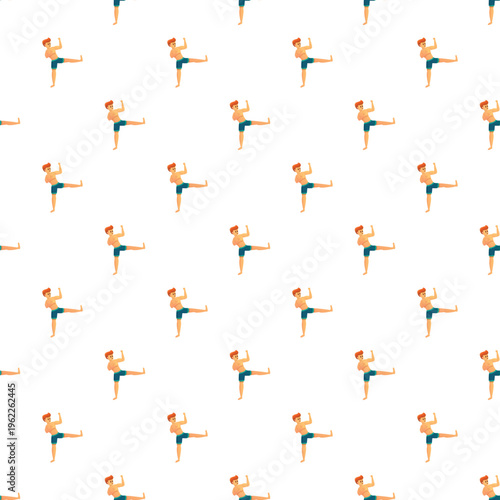 Seamless pattern with cartoon man performing a high kick on a white background