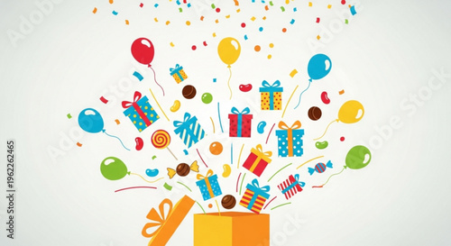Colorful gifts and balloons emerging from an open yellow gift box with confetti on a white background celebrating a joyful surprise party or special occasion with festive
