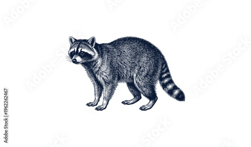 Detailed vintage engraving of a raccoon with realistic fur patterns