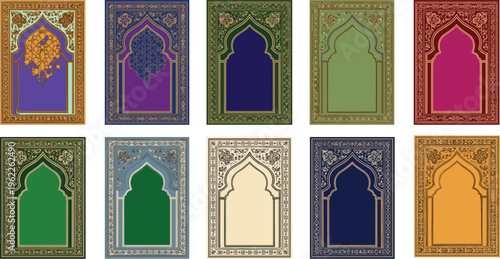 Islamic geometric border, ornate floral arch, mosque doorway design, decorative mihrab pattern, colorful arabesque frame, traditional Islamic art vector