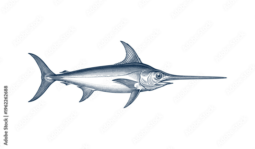 Obraz premium Detailed illustration of swordfish with long bill and fins