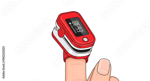 A finger pulse oximeter is being worn on a person's finger to measure oxygen saturation and heart rate.