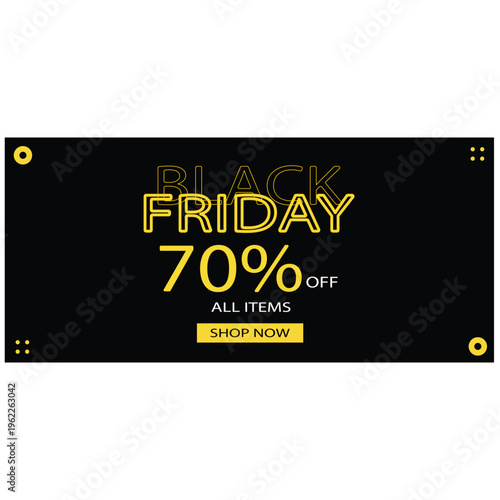 Black Friday banner announces a seventy percent discount on all items with a prominent yellow 'Shop Now' button against a dark background.