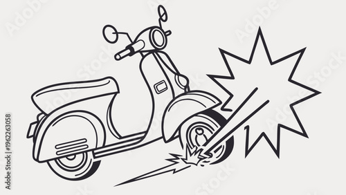 "A professional, high-resolution minimalist vector icon depicting a frontal view of a scooter or moped in a collision, isolated on a light grey background. The design features a black line-art illustr