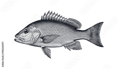 Detailed black and white illustration of a fish with scales and fins
