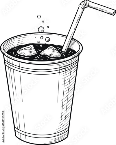 Carbonated Beverage with Ice and Straw in Paper Cup Refreshing Drink with Bubbles Hand Drawn Sketch Style