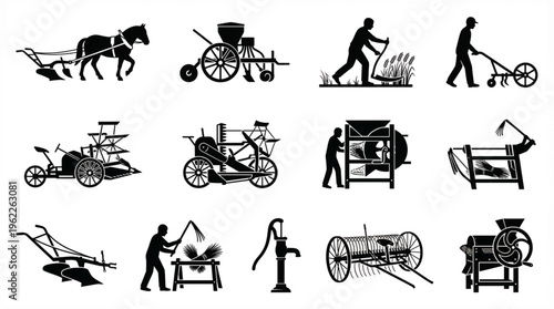 Collection of Vintage Agricultural Tools and Machinery Illustrating Farming Practices Through History