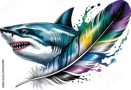 Great white shark head emerges from a large, brightly colored feather design featuring dynamic watercolor splatter effects.