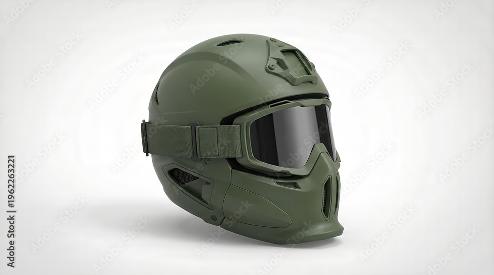 Fototapeta premium Modern snowmobile helmet combining advanced head protection with integrated tactical goggles and durable face mask for extreme winter sports adventure and safety