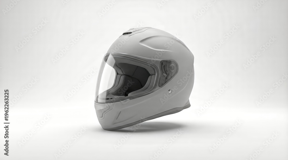Fototapeta premium Full face grey snowmobile helmet sitting on a clean white background, creating a high key product showcase for winter sports safety, protection, and modern equipment design