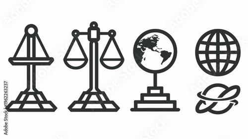 Collection of stylized line art icons, featuring balance scales, world globes, and abstract orbital elements