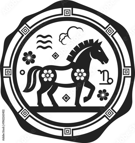 Capricorn zodiac symbol with decorative horse silhouette and geometric circular frame astrology sign vector illustration