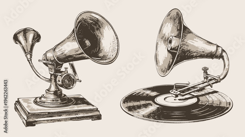 Two sepia-toned illustrations of antique phonographs, one with a record, showcasing vintage design