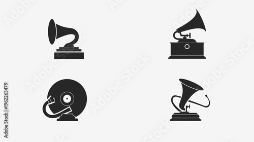 Collection of stylized gramophone illustrations in black on a white background